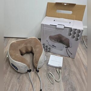 U-Shaped Neck Massage Pillow Plush Beige/Taupe USB Massager - New In Box